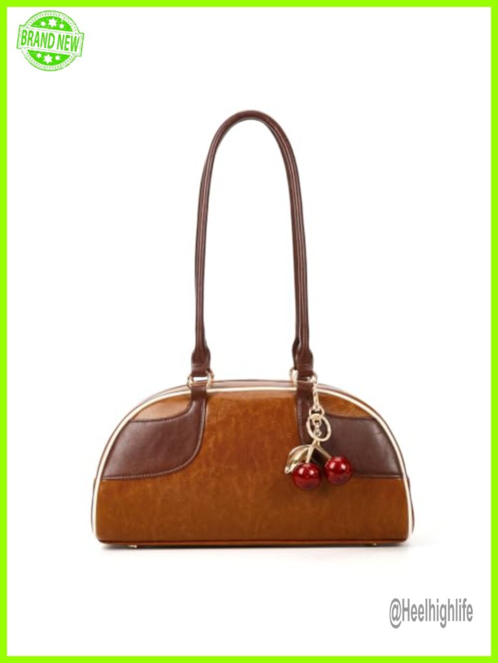 Faux Leather Bowler Shoulder Bag with Cherry Charm Y2K Vintage Purse